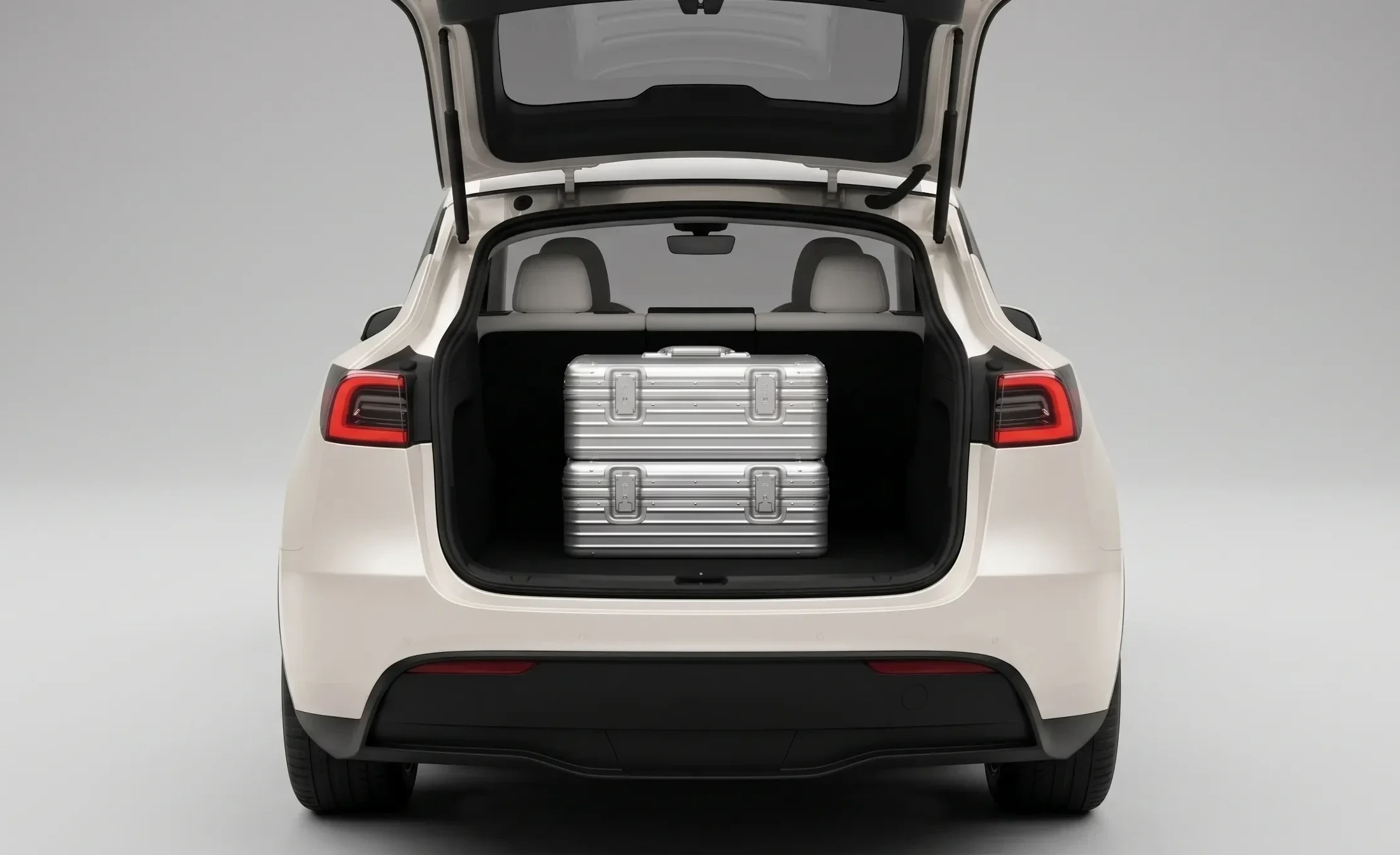 A vehicle's trunk with two suitcases, ready for an airport transfer